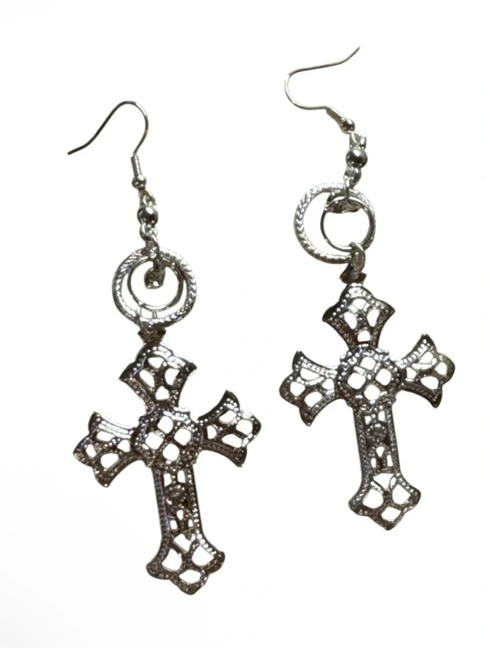 Silver Cross Filigree Drop Earrings - Women Jewelry